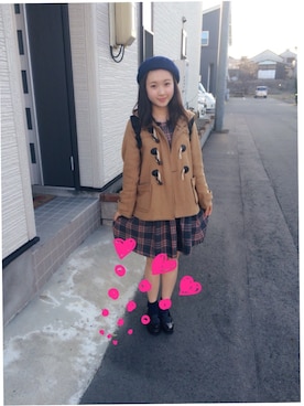 「チェックワンピース」｜「アイテム（ダッフルコート）」を使った、ゆゆさん（レディース・155cm）の春コーディネート