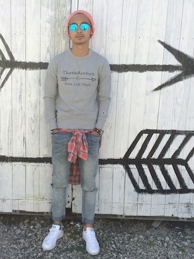 「AZUL by moussy（アズールバイマウジー）のアイテム（ニットキャップ/ビーニー）」を使った、$$$_threearrowsさん（メンズ・165cm）の秋コーディネート