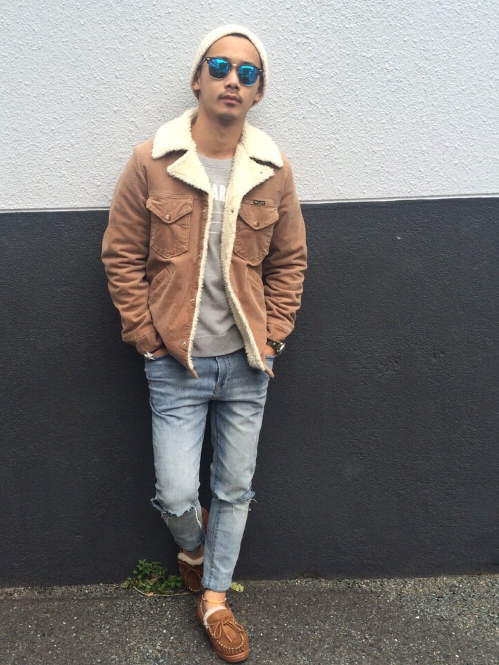 「ThreeArrows、BEAMS、Wrangler、H&M、VANS、FOREVER 21、ray ban、ランチコート、ラングラー」｜「BEAMSのアイテム（その他アウター、ブラウン系）」を使った、$$$_threearrowsさん（メンズ・165cm）の冬コーディネートの1枚目の写真