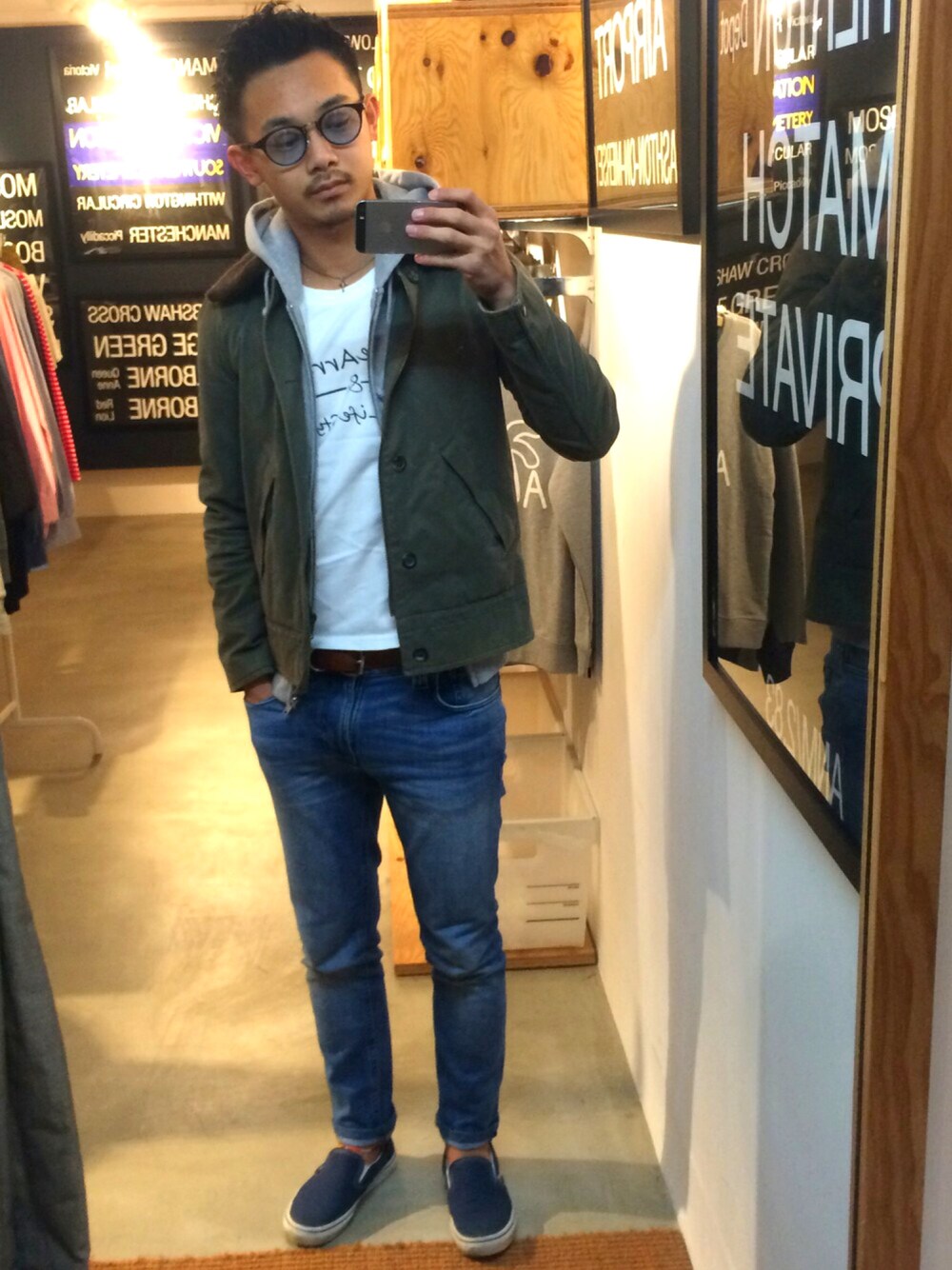 「ThreeArrows、APC、Nudie jeans、VANS、newman、期間限定ショップ」｜「A.P.C.のアイテム（ミリタリージャケット、グリーン系）」を使った、$$$_threearrowsさん（メンズ・165cm）の冬コーディネートの1枚目の写真