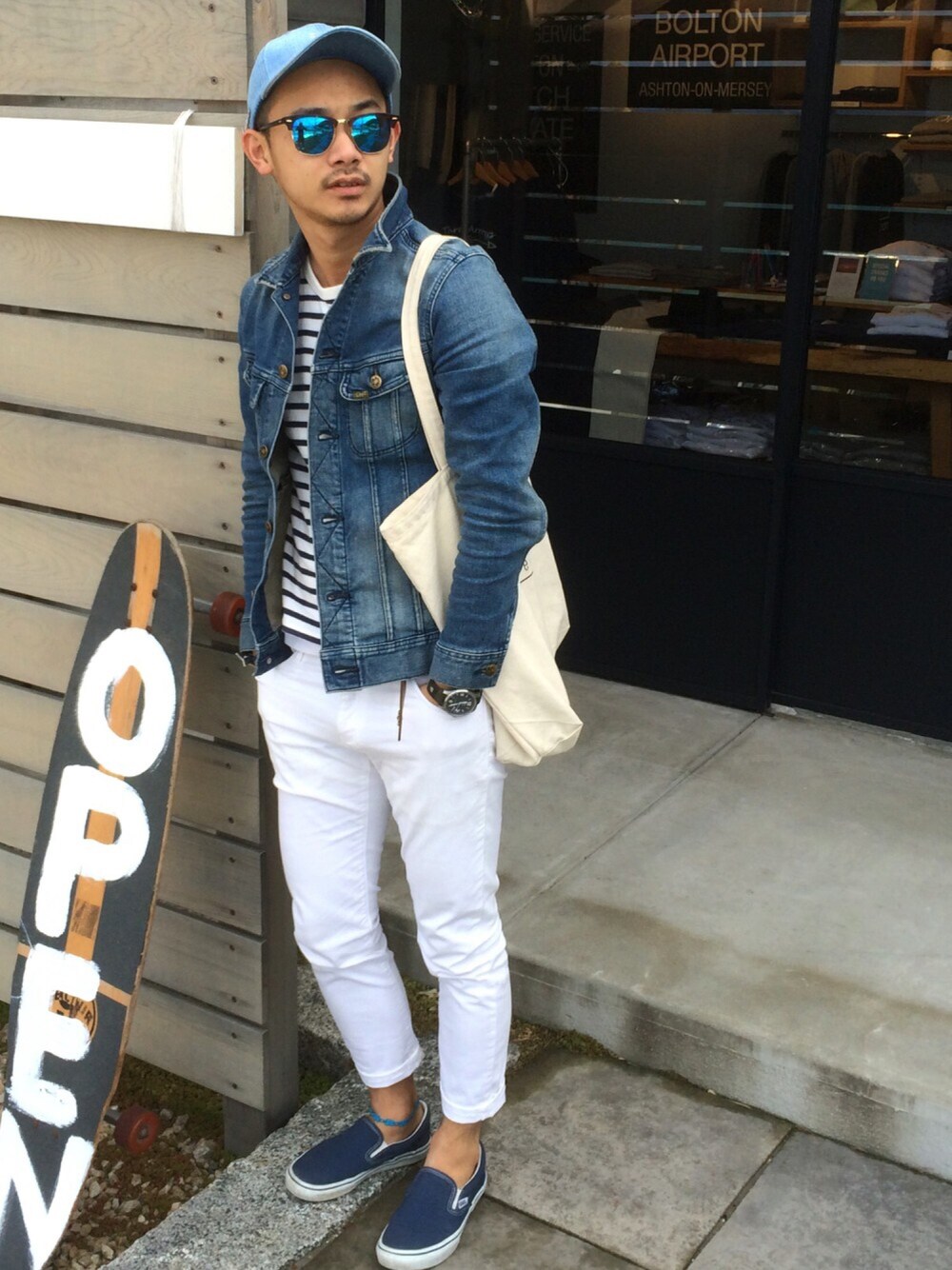 「ThreeArrows、LEE、nano・universe、H&M、UNIQLO、ray ban、VANS、期間限定ショップ」｜「NANO universeのアイテム（デニムジャケット、ブルー系）」を使った、$$$_threearrowsさん（メンズ・165cm）の冬コーディネートの1枚目の写真