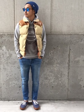 「アイテム（ダウンベスト、ブラウン系）」を使った、$$$_threearrowsさん（メンズ・165cm）の春コーディネート