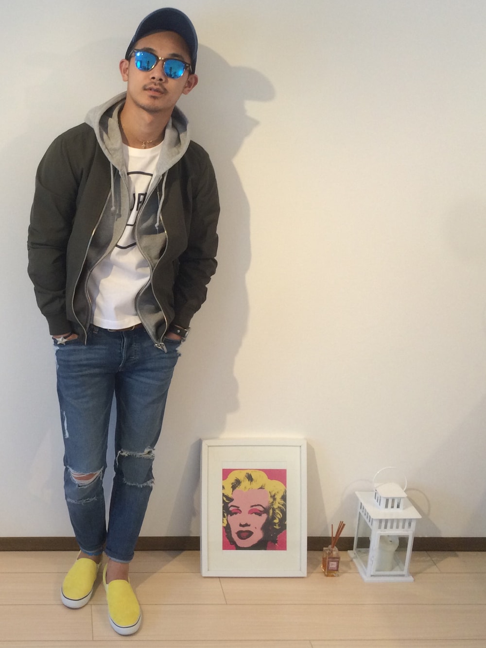「ThreeArrows、Bershka、H&M、Ralph Lauren、ray ban、Ron Herman、IL BISONTE、ベルシュカ、MA-1、春コーデ」｜「ThreeArrowsのアイテム（キャップ、ブルー系）」を使った、$$$_threearrowsさん（メンズ・165cm）の春コーディネートの1枚目の写真