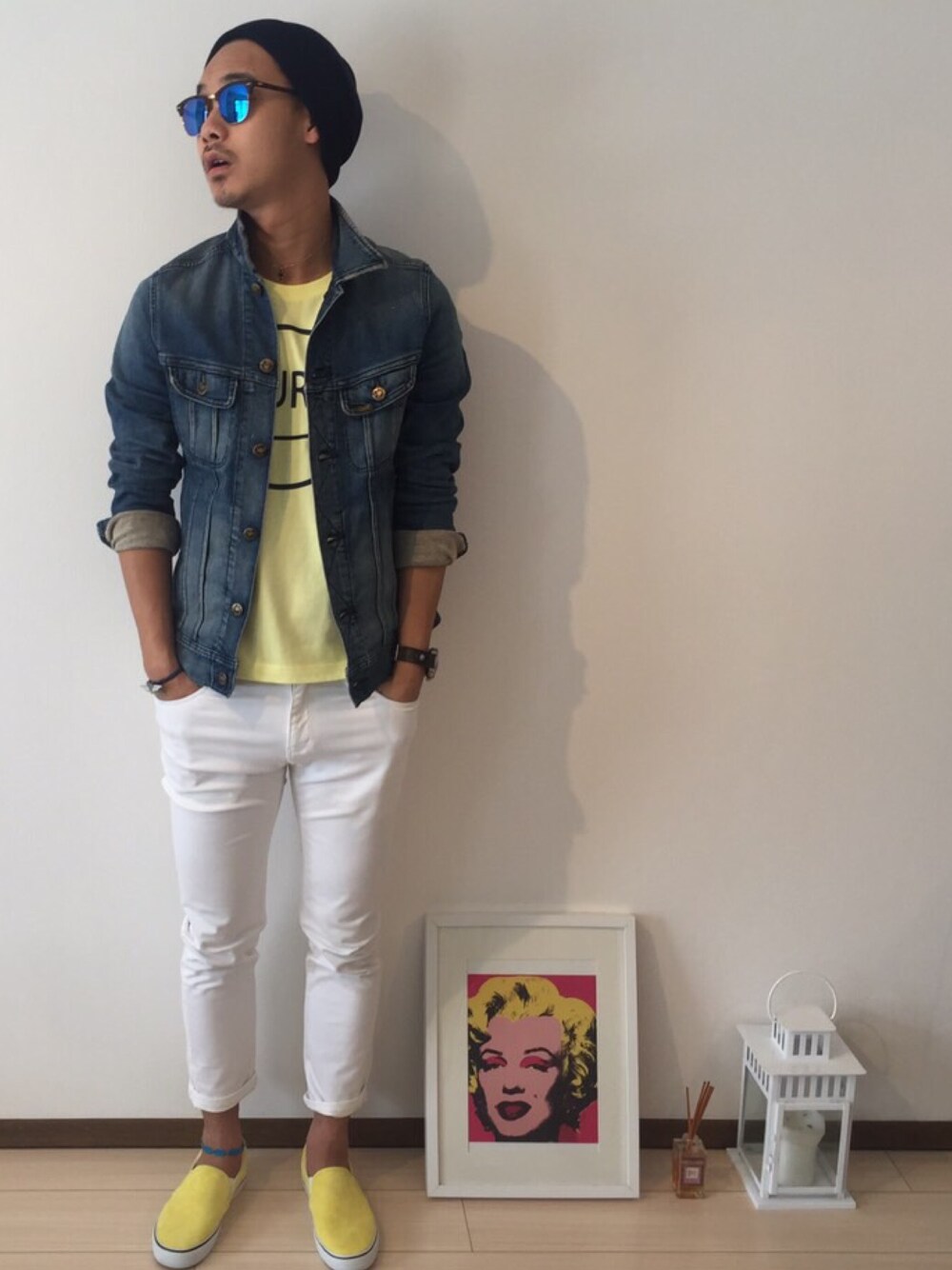 「ThreeArrows、nano・universe、LEE、H&M、Ralph Lauren、ray ban、Ron Herman、IL BISONTE、春コーデ」｜「ThreeArrowsのアイテム（ニットキャップ/ビーニー、ホワイト系）」を使った、$$$_threearrowsさん（メンズ・165cm）の春コーディネートの1枚目の写真