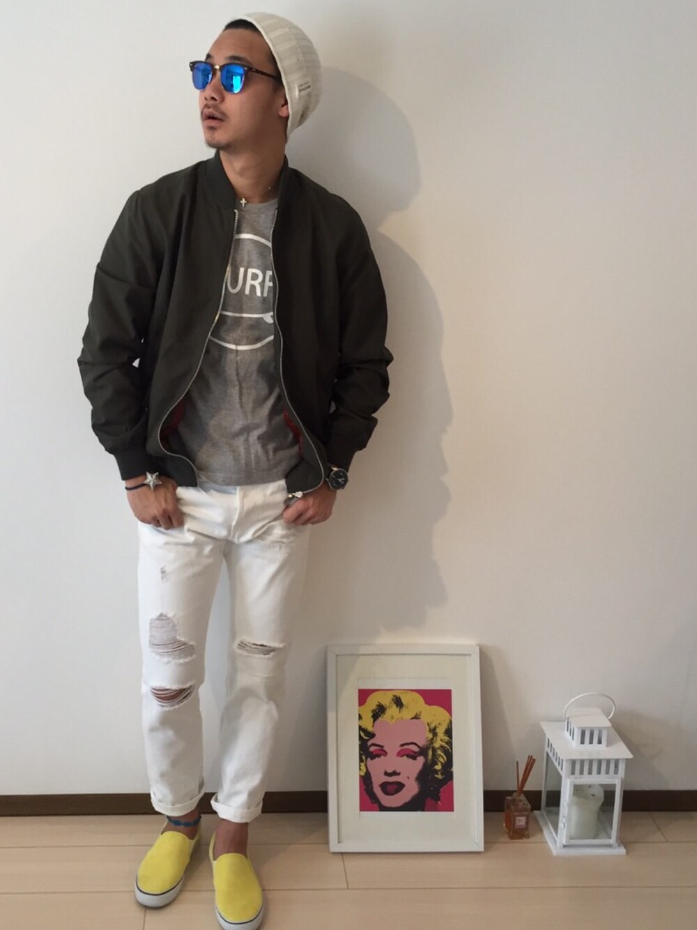 「ThreeArrows、Bershka、FOREVER 21、H&M、Ralph Lauren、ray ban、Ron Herman、IL BISONTE、春コーデ」｜「Bershkaのアイテム（ナイロンジャケット、グリーン系）」を使った、$$$_threearrowsさん（メンズ・165cm）の春コーディネートの1枚目の写真