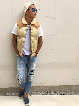 「アイテム（ダウンベスト、ブラウン系）」を使った、$$$_threearrowsさん（メンズ・165cm）の秋コーディネート