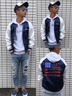 「USA」｜「アイテム（スタジャン）」を使った、$$$_threearrowsさん（メンズ・165cm）の秋コーディネート