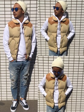 「アイテム（ダウンベスト、ブラウン系）」を使った、$$$_threearrowsさん（メンズ・165cm）の秋コーディネート