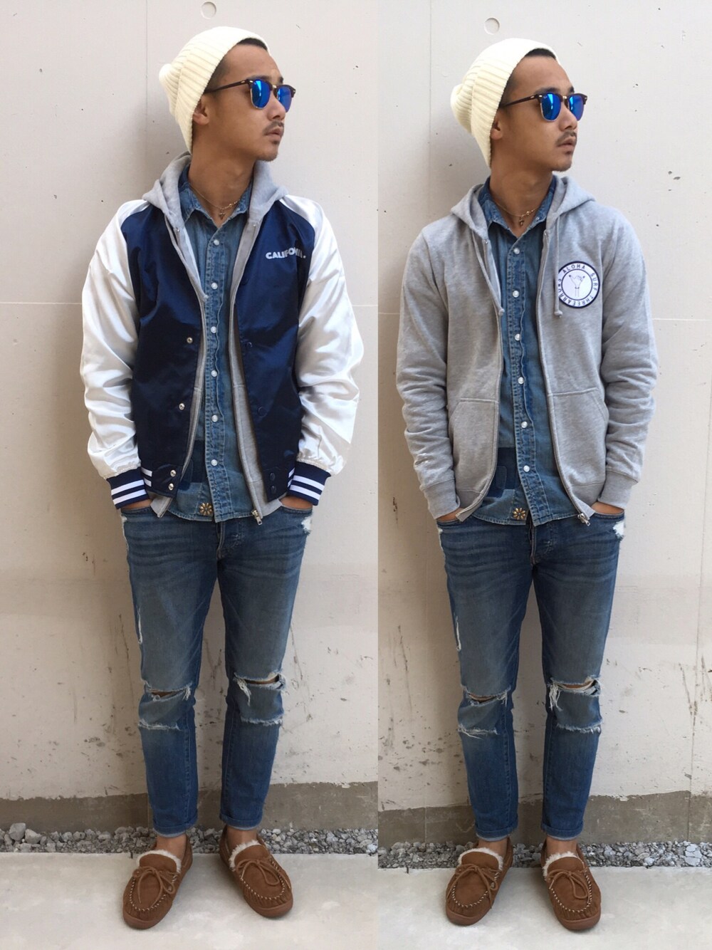 「ThreeArrows、BEAMS、REMI RELIEF、H&M、VANS、ray ban、EDIFICE、california、スリーアローズ」｜「ThreeArrowsのアイテム（スタジャン、ブルー系）」を使った、$$$_threearrowsさん（メンズ・165cm）の秋コーディネートの1枚目の写真