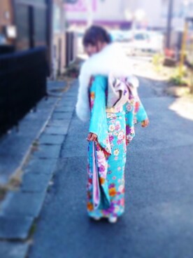「ブランド不明のアイテム（浴衣、ブルー系）」を使った、yuka.nさん（レディース・151cm）の冬コーディネート