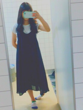 「RAY CASSIN（レイカズン）のキャミワンピース×フレンチＴシャツセット（ワンピース、ブラック系）」を使った、yuka.nさん（レディース・151cm）の夏コーディネート