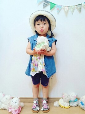 「夏コーデ」｜「アイテム（チュニック、パープル系）」を使った、ゆん☺さん（キッズ・90cm）の春コーディネート