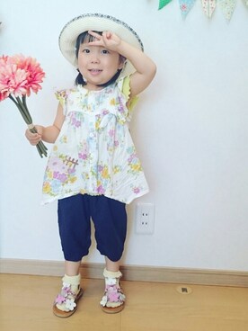 「夏コーデ」｜「アイテム（チュニック、パープル系）」を使った、ゆん☺さん（キッズ・90cm）の春コーディネート