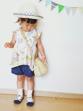「夏コーデ」｜「アイテム（チュニック、パープル系）」を使った、ゆん☺さん（キッズ・90cm）の夏コーディネート
