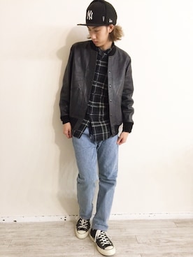 「リーバイス501」｜「アイテム（スタジャン）」を使った、TAKUMIさん（メンズ・178cm）の冬コーディネート