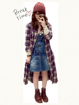 「チェックシャツワンピース」｜「アイテム（サロペット/オーバーオール）」を使った、junさん（レディース・150cm）の秋コーディネート