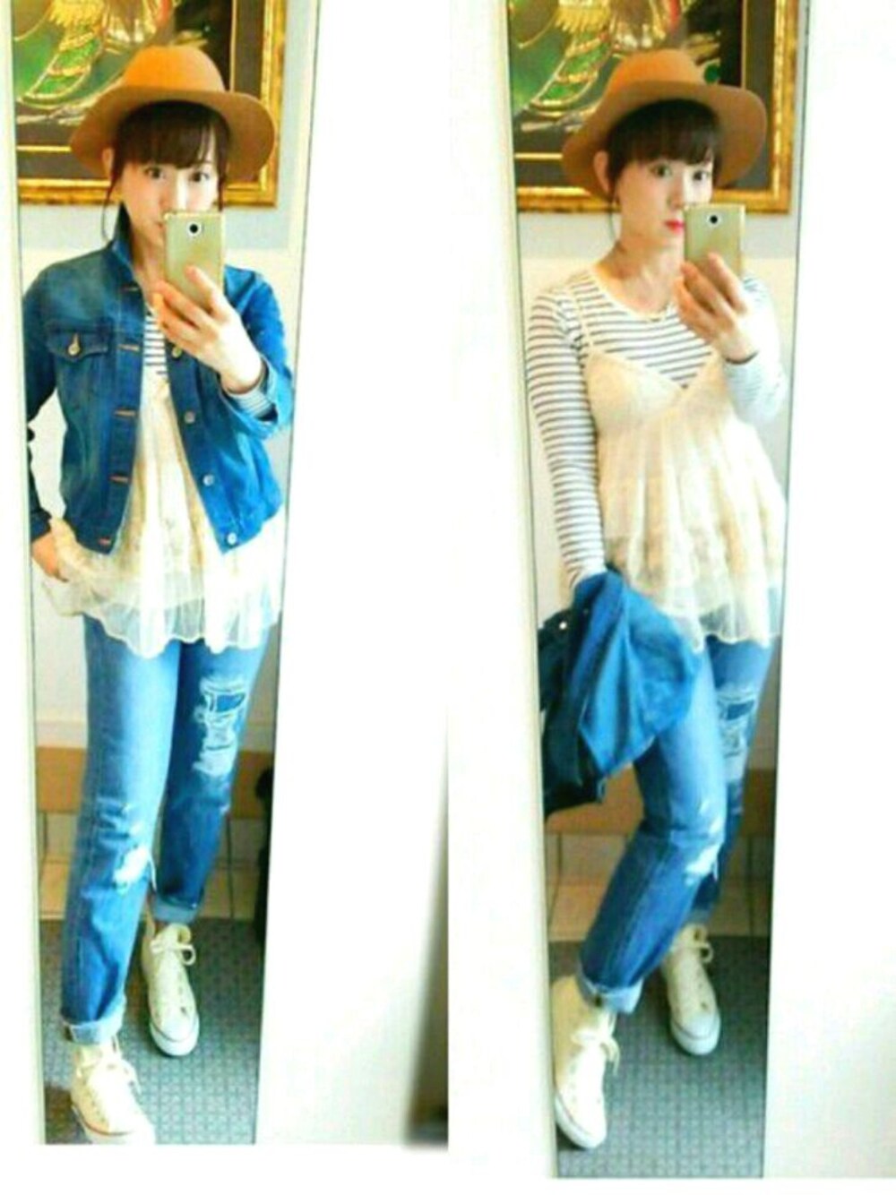 ブルー系のデニムジャケット、ブルー系のデニムパンツ、ホワイト系のスニーカーを着用したレディースの冬コーディネートの1枚目の写真