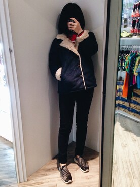 「アイテム（ジャージ、レッド系）」を使った、blablabamboochuckさん（レディース・160cm）の冬コーディネート