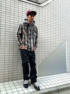 「DOUBLE STEAL（ダブルスティール）のモノグラム　チノパンツ（チノパンツ）」を使った、まっつんさん（メンズ・173cm）の冬コーディネート