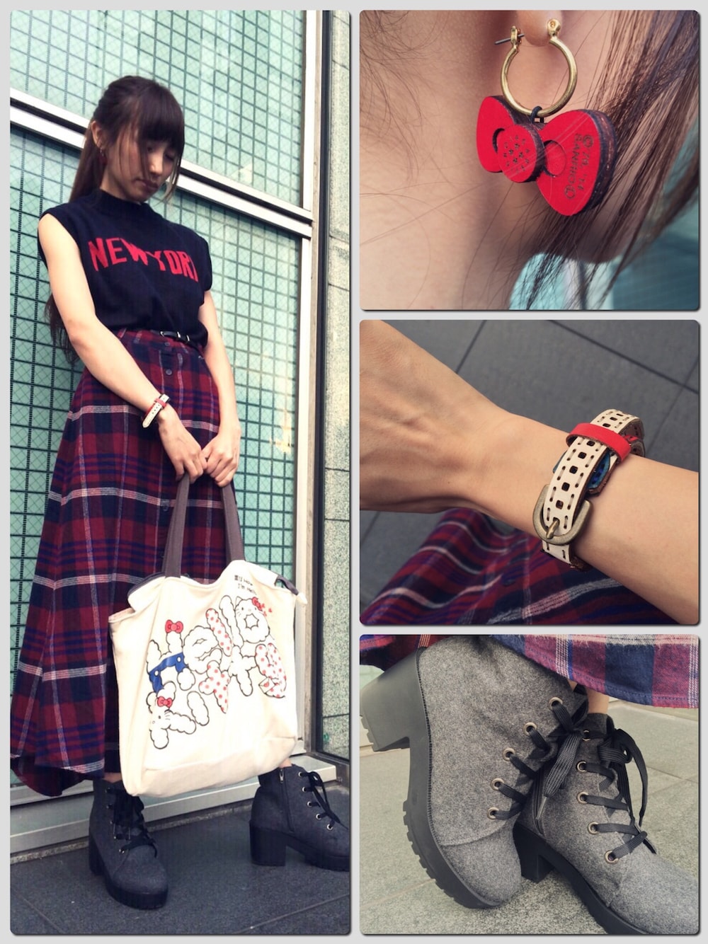 「チェック柄、ハローキティ、ojagadesign」｜「AVAN LILYのアイテム（ニット/セーター、ブルー系）」を使った、榊原あやさん（レディース・163cm）の秋コーディネートの1枚目の写真