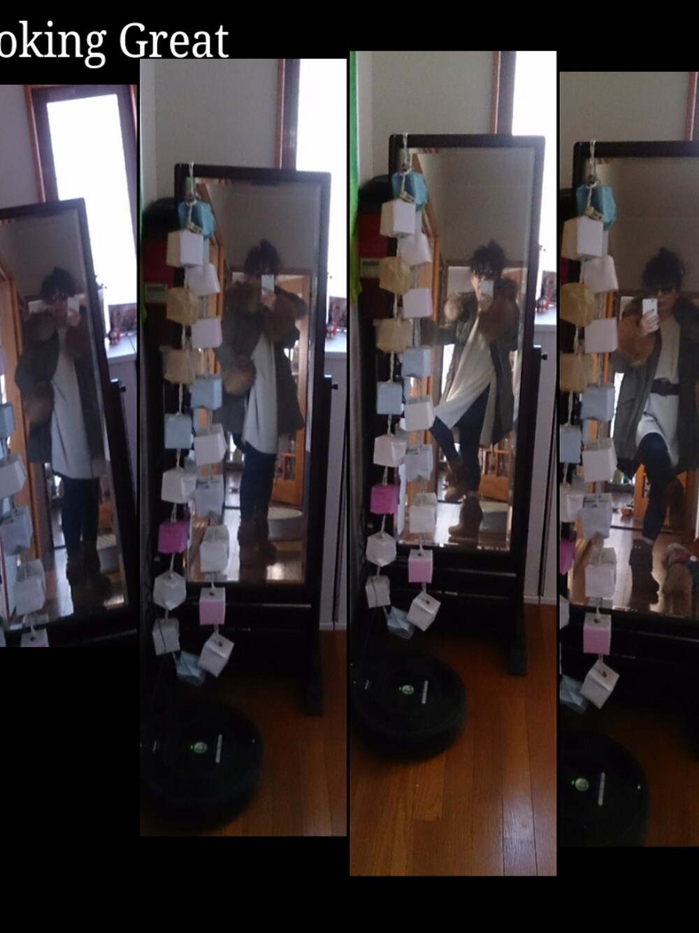 グリーン系のモッズコート、ホワイト系のワンピース、イエロー系のブーツを着用したレディースの冬コーディネートの1枚目の写真