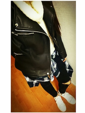 「リブタートルネック」｜「アイテム（ライダースジャケット）」を使った、miyachaaaaan35さん（レディース・163cm）の冬コーディネート