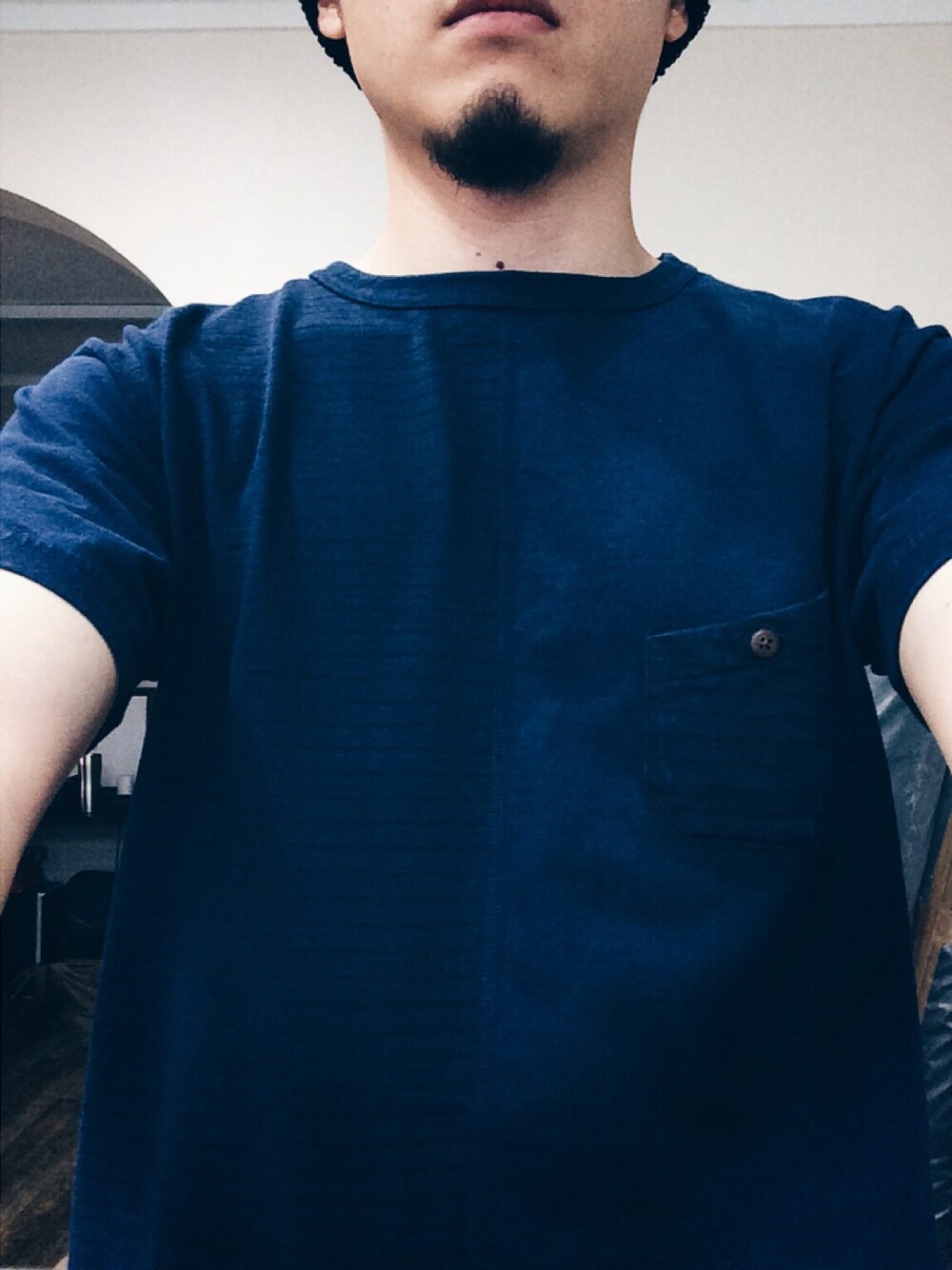 「nigelcabourn、ナイジェルケーボン、NIGEL CABOURN」｜「ADAM ET ROPE'のBASIC　T-shirts【Nigel Cabourn】（Tシャツ/カットソー、ブルー系）」を使った、이욱さん（メンズ・175cm）の夏コーディネートの1枚目の写真