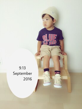 「BLUE BLUE（ブルーブルー）のアイテム（トップス）」を使った、HHさん（キッズ・90cm）の秋コーディネート