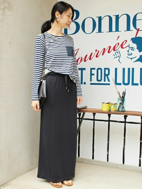「EDIT. FOR LULU（エディットフォールル）の◆ミニ裏毛 ロングスカート（スカート）」を使った、Ayakoさん（レディース・163cm）の夏コーディネート