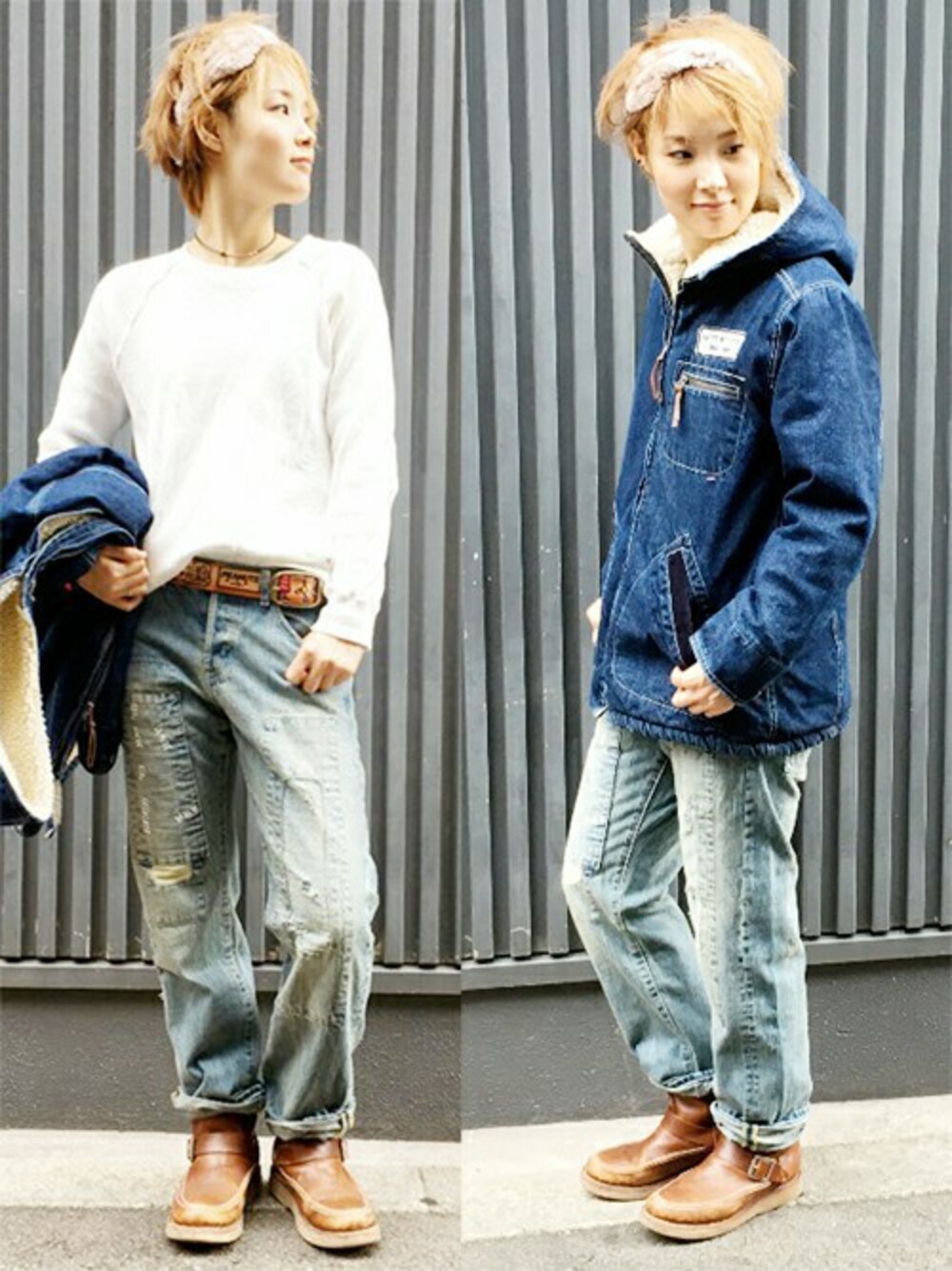 ブルー系のデニムパンツ、ブラウン系のブーツ、ホワイト系のTシャツ/カットソーを着用したレディースの秋コーディネートの1枚目の写真