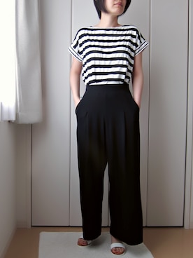 「UNIQLO（ユニクロ）のWOMEN ワイドパンツ（その他パンツ、ブラック系）」を使った、Yaziさん（レディース・162cm）の夏コーディネート