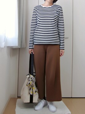 「marimekko（マリメッコ）のTASARAITA / MARI（Tシャツ/カットソー、ホワイト系）」を使った、Yaziさん（レディース・162cm）の秋コーディネート