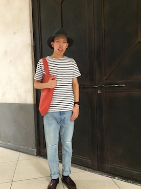 「アイテム（トートバッグ、オレンジ系）」を使った、tatsumiさん（メンズ・179cm）の夏コーディネート