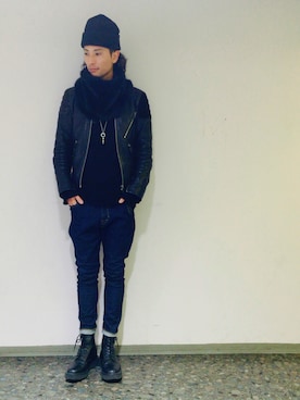 「Acne Studios（アクネストゥディオズ）のアイテム（ライダースジャケット）」を使った、manabxxkさん（メンズ・184cm）の冬コーディネート