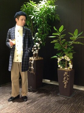 「JUNRED（ジュンレッド）のアイテム（チェスターコート）」を使った、fuzeeさん（メンズ・175cm）の冬コーディネート