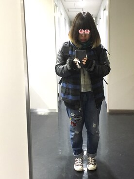 「Honeys（ハニーズ）のアイテム（スタジャン）」を使った、NoMさん（レディース・153cm）の冬コーディネート