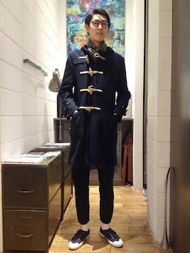「アイテム（ダッフルコート、ブルー系）」を使った、瀬谷さん（メンズ・183cm）の冬コーディネート