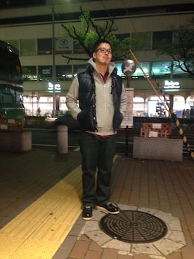 「ワークパンツ」｜「アイテム（ダウンベスト）」を使った、kawakamiさん（メンズ・171cm）の冬コーディネート