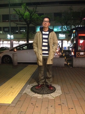 「schott（ショット）のアイテム（ステンカラーコート）」を使った、kawakamiさん（メンズ・171cm）の冬コーディネート
