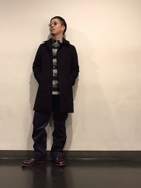 「schott（ショット）のアイテム（ステンカラーコート）」を使った、kawakamiさん（メンズ・171cm）の秋コーディネート