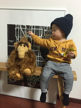 「アイテム（タイツ/ストッキング、ブラック系）」を使った、tomotomoさん（キッズ・80cm）の冬コーディネート