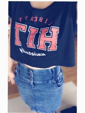 「ショート丈トップス（Tシャツ/カットソー、ブラック系）」を使った、AKARIさん（レディース・153cm）の夏コーディネート