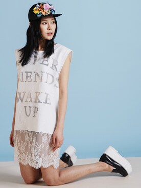 「CHOKONTE（ショコント）のFLOWER PATCHED SNAPBACK （キャップ、ブラック系）」を使った、chokonteさん（レディース・165cm）の春コーディネート