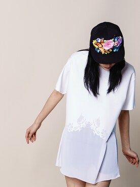 「CHOKONTE（ショコント）のFLOWER PATCHED SNAPBACK （キャップ、ブラック系）」を使った、chokonteさん（レディース・165cm）の春コーディネート