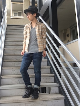 「KNOWLEDGEのアイテム（ハット）」を使った、ミフネさん（メンズ・172cm）の春コーディネート