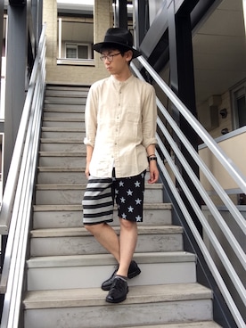 「KNOWLEDGEのアイテム（ハット）」を使った、ミフネさん（メンズ・172cm）の夏コーディネート