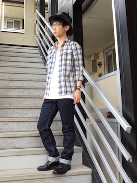 「KNOWLEDGEのアイテム（ハット）」を使った、ミフネさん（メンズ・172cm）の秋コーディネート