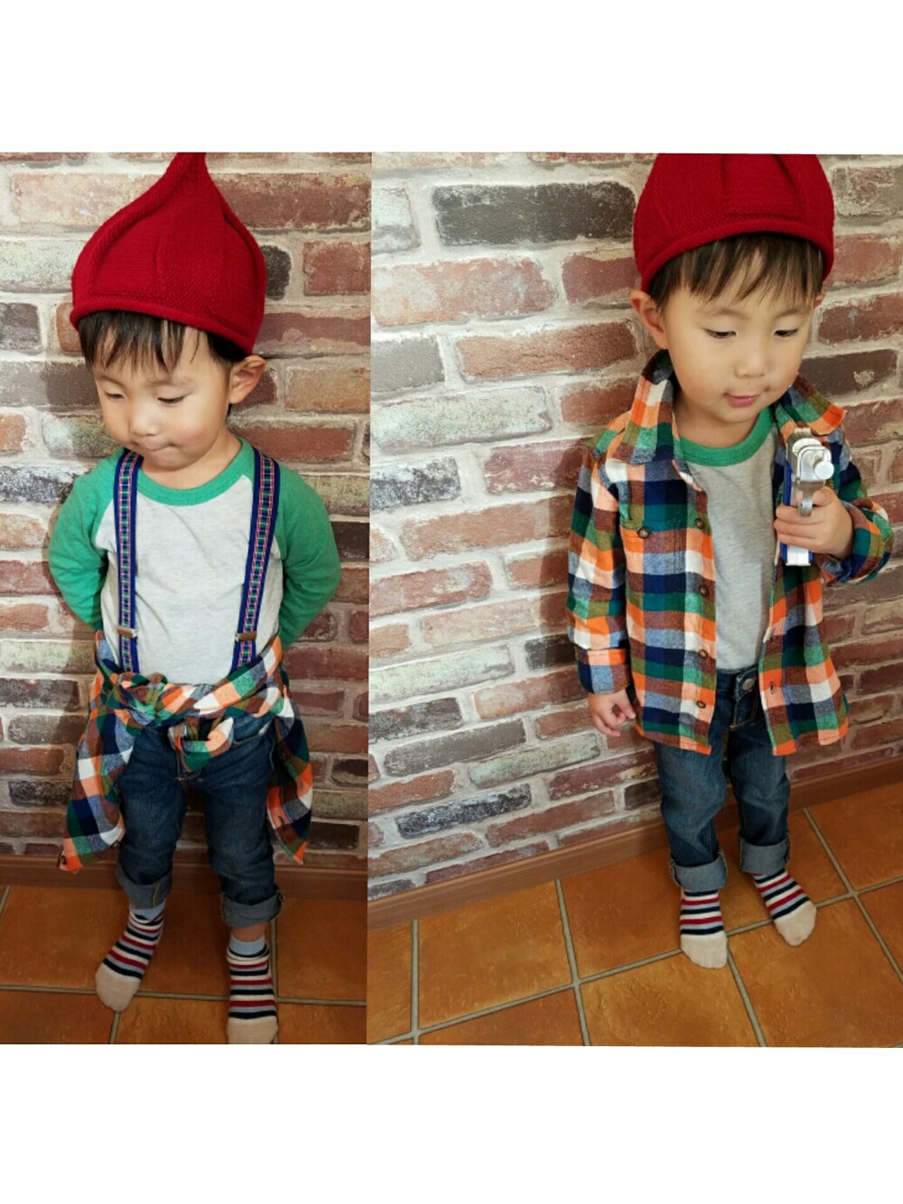 「DAISO、babygap、男の子、2歳10ヶ月、とんがりニット帽、西松屋、プチプラ、お出掛け」｜「DAISOのアイテム（サスペンダー、ブルー系）」を使った、hina⭐さん（キッズ・100cm）の冬コーディネートの1枚目の写真