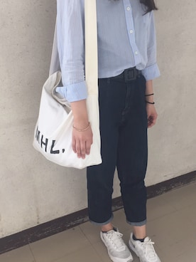 「MHL.（エムエイチエル）のHEAVY CANVAS （ショルダーバッグ、ホワイト系）」を使った、Reinaさん（レディース・162cm）の夏コーディネート
