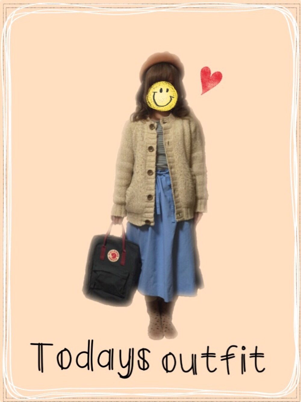 「w closet、flower、サンキューマート、FJALL RAVEN、kanken、ベレー帽、リュック、ナチュラル、ウエストイン」｜「flowerのアイテム（Tシャツ/カットソー、グリーン系）」を使った、k u r u m iさん（レディース・148cm）の秋コーディネートの1枚目の写真